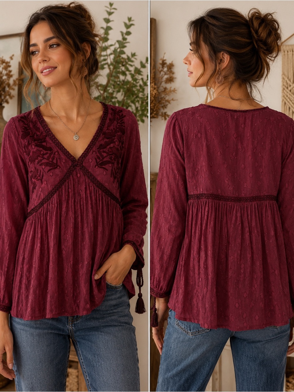 Indigo Thread Co Burgundy Embroidered Peasant M  Blouse Cottagecore Romantic
